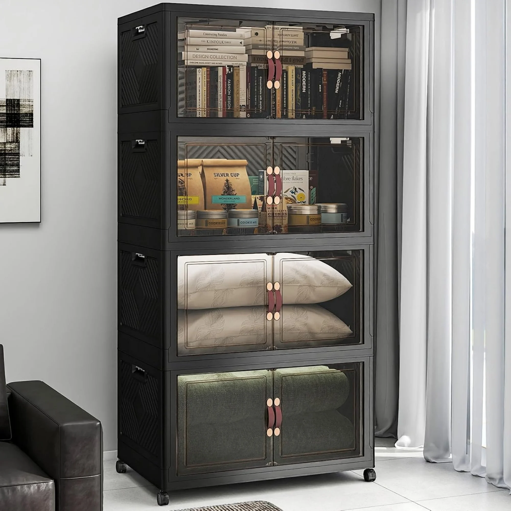 

Stackable Storage Bins with Lids, 720QT Lockable Storage Cabinet, Foldable Storage Box with Doors and Wheels, Plastic Drawers for Home, Garage, Office (4, Black, Extra Large)