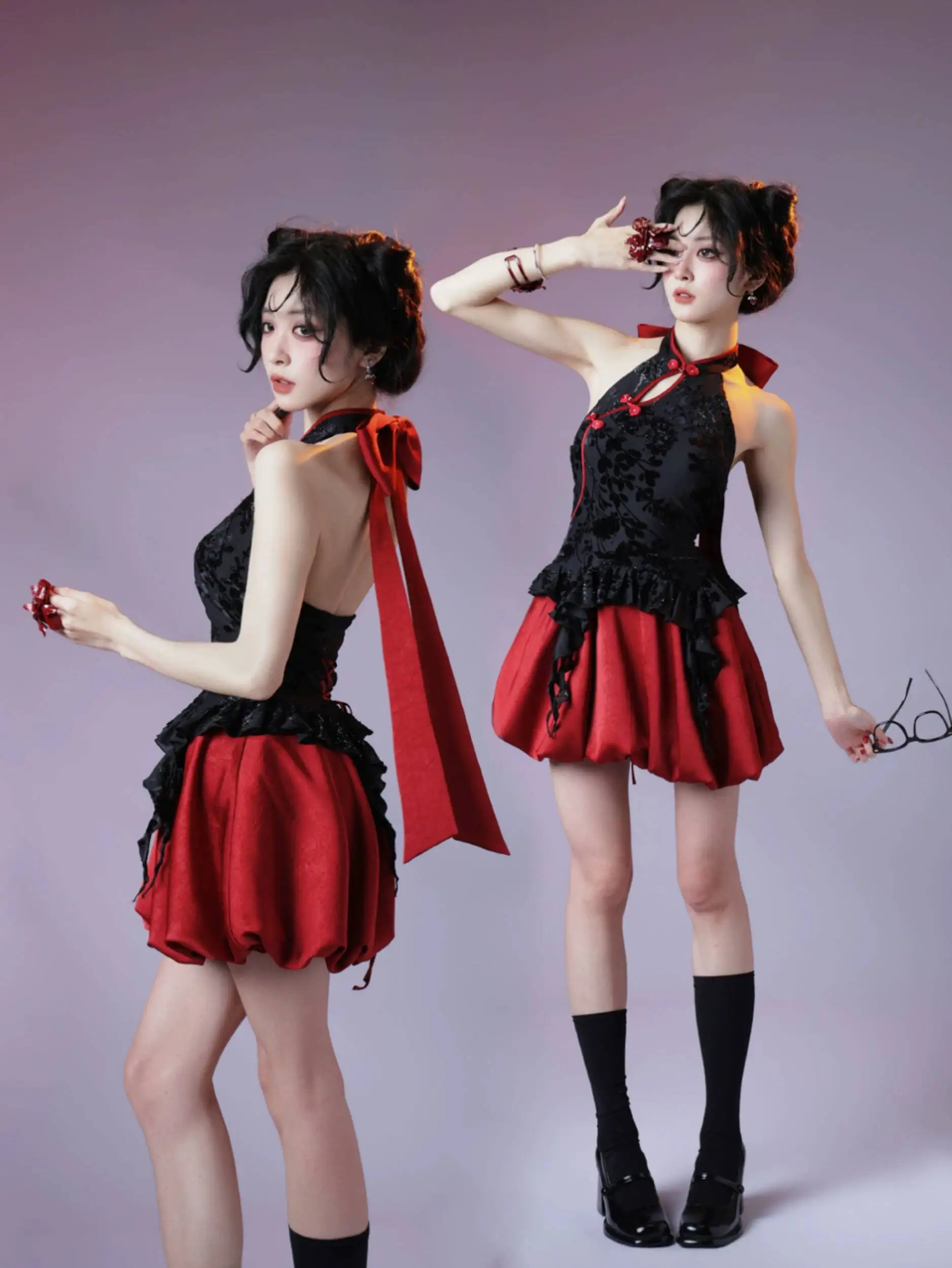 

New Red And Black Three-dimensional Flower Waist-cinching Little Black Dress Birthday Party One-piece Fluffy Dress
