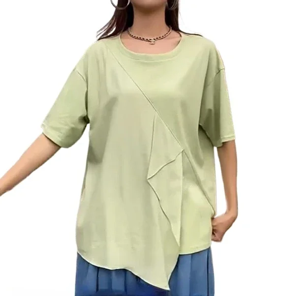 

bohe green cotton tops women summer loose tees