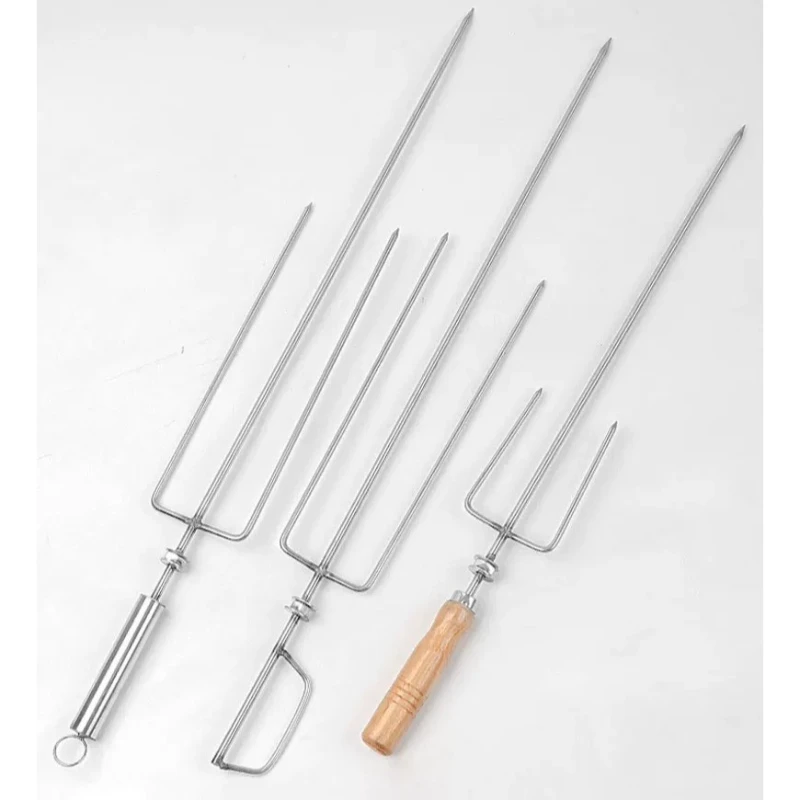 

1PC Stainless Steel Barbecue Tools Three Prong Wooden Handle Skewers for Roasting Rabbit Chicken Lamb Chops Grilling Supplies