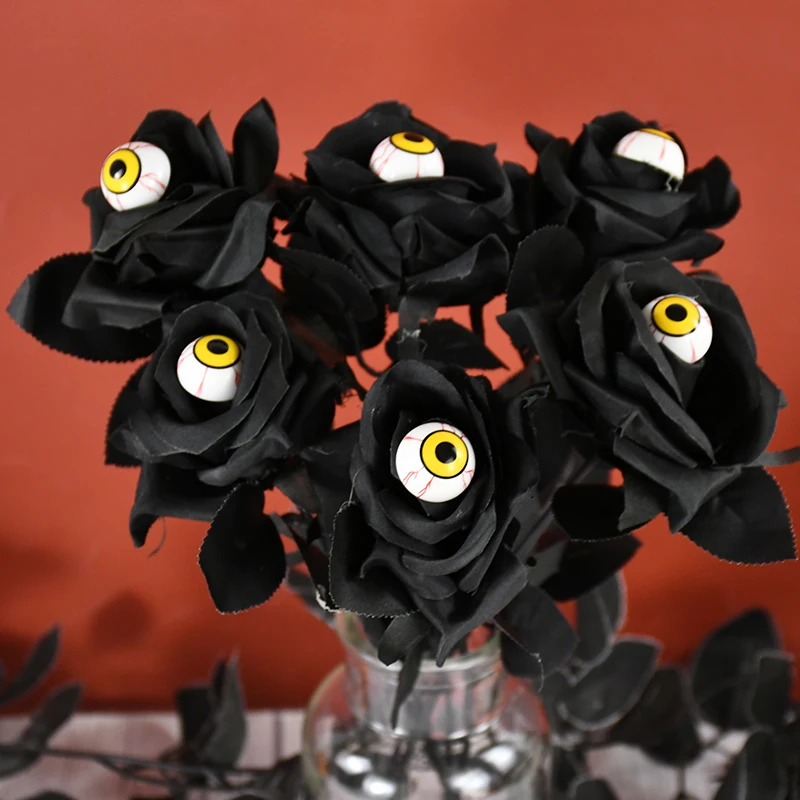 

5Pcs Halloween Artificial Black Rose With Eyeball Horror Fake Flower Halloween Cosplay Supplies Costume Accessories Home Decors