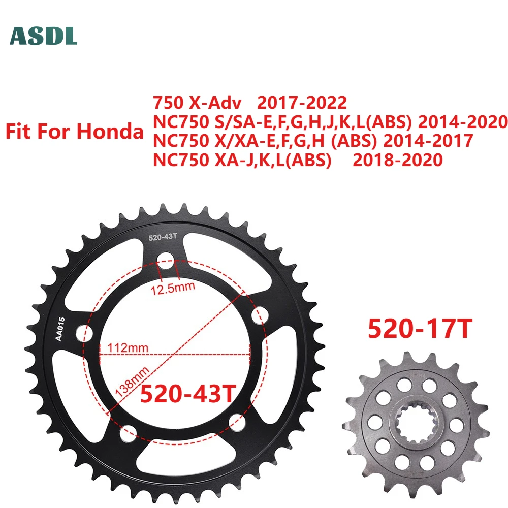 For Honda CT700 NC700 NC750 520 43T 16T Motorcycle Front and Rear Sprocket Gear Wheel 520-43T 17T For Honda 750 X-Adv NC750