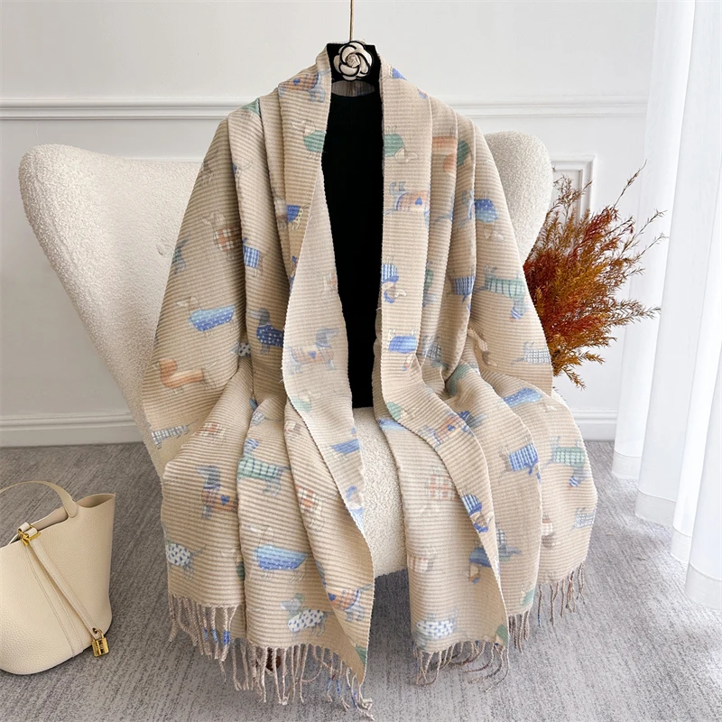 

Роскошный зимний толстый теплый шарф, женский кашемировый платок с рисунком собаки, одеяло из пашмины, Bufanda, женское пончо с кисточками Echarpe