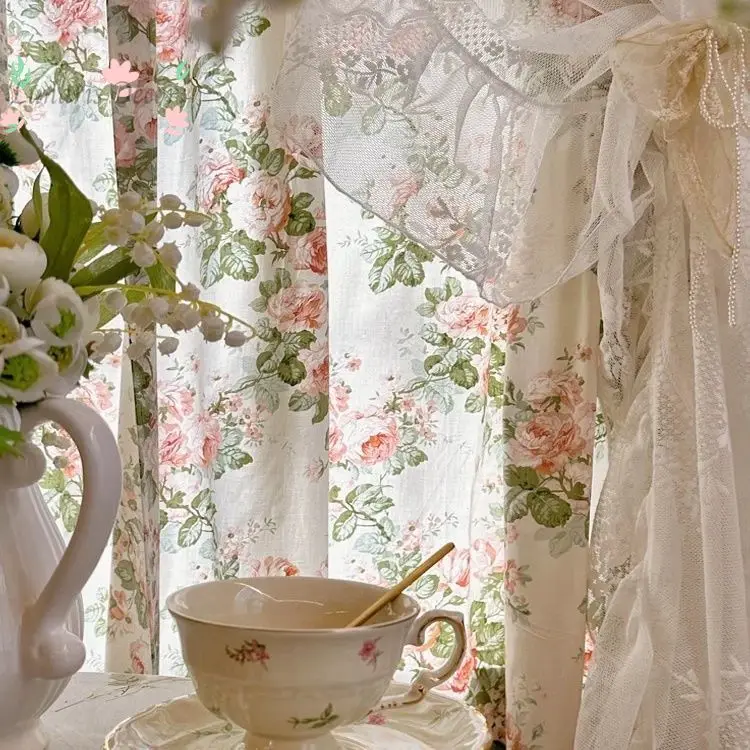 Pastoral style double-sheer integrated floral print, translucent but not see-through, curtains that separate half the curtain