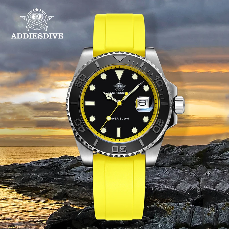 ADDIESDIVE Rotatable Bezel Watch For Men 41mm Quartz Watch Stainless Seel BGW9 Luminous Rubber Strap 200m Diving Men\'s Watch New