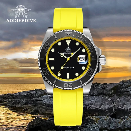 Reloj ADDIESDIVE con bisel giratorio para hombre, reloj de cuarzo de 41mm, costura inoxidable BGW9, correa de goma luminosa, reloj de buceo de 200m para hombre, nuevo
