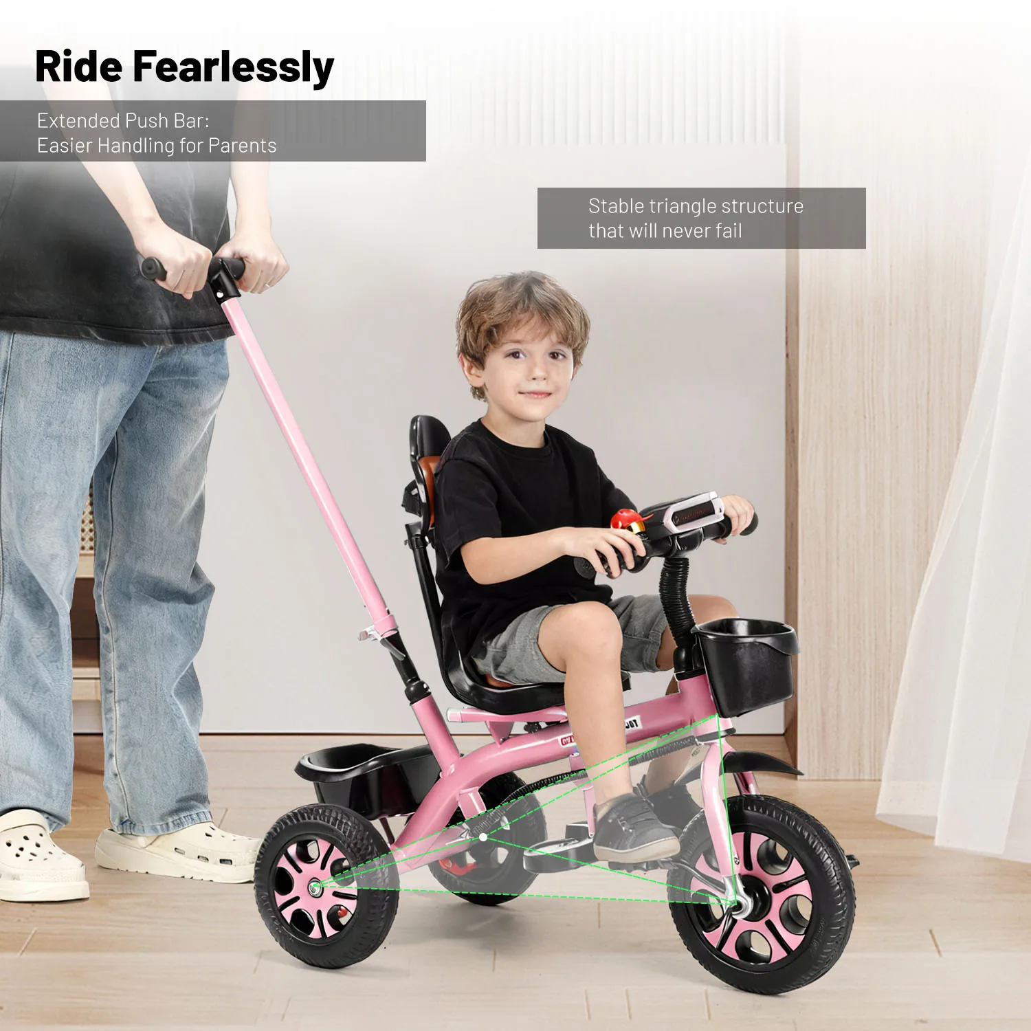 Triciclo per bambini da 18 mesi a 5 anni, triciclo con maniglia di spinta, triciclo per bambini con cestino, triciclo cavalcabile per bambini, regalo
