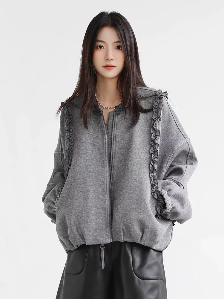 

Женская свободная повседневная куртка, осенняя кружевная лоскутная куртка с круглым вырезом на молнии, мешковатые пальто с длинными рукавами и карманами, универсальная уличная одежда, женская верхняя одежда