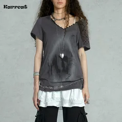 Karrcat Grunge Aesthetics Graffiti Print T-shirt Vintage Distressed Short Sleeve T Shirt Trashy Y2k V-neck Lace Patchwork Tops