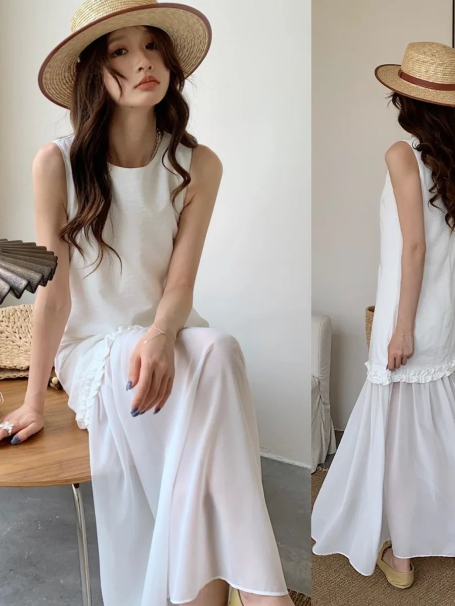 Vestido Sem Mangas de Estilo Suave para Mulheres Verão 2025, Decote Redondo, Saia de Malha, Design de Recorte, Moda E-commerc...