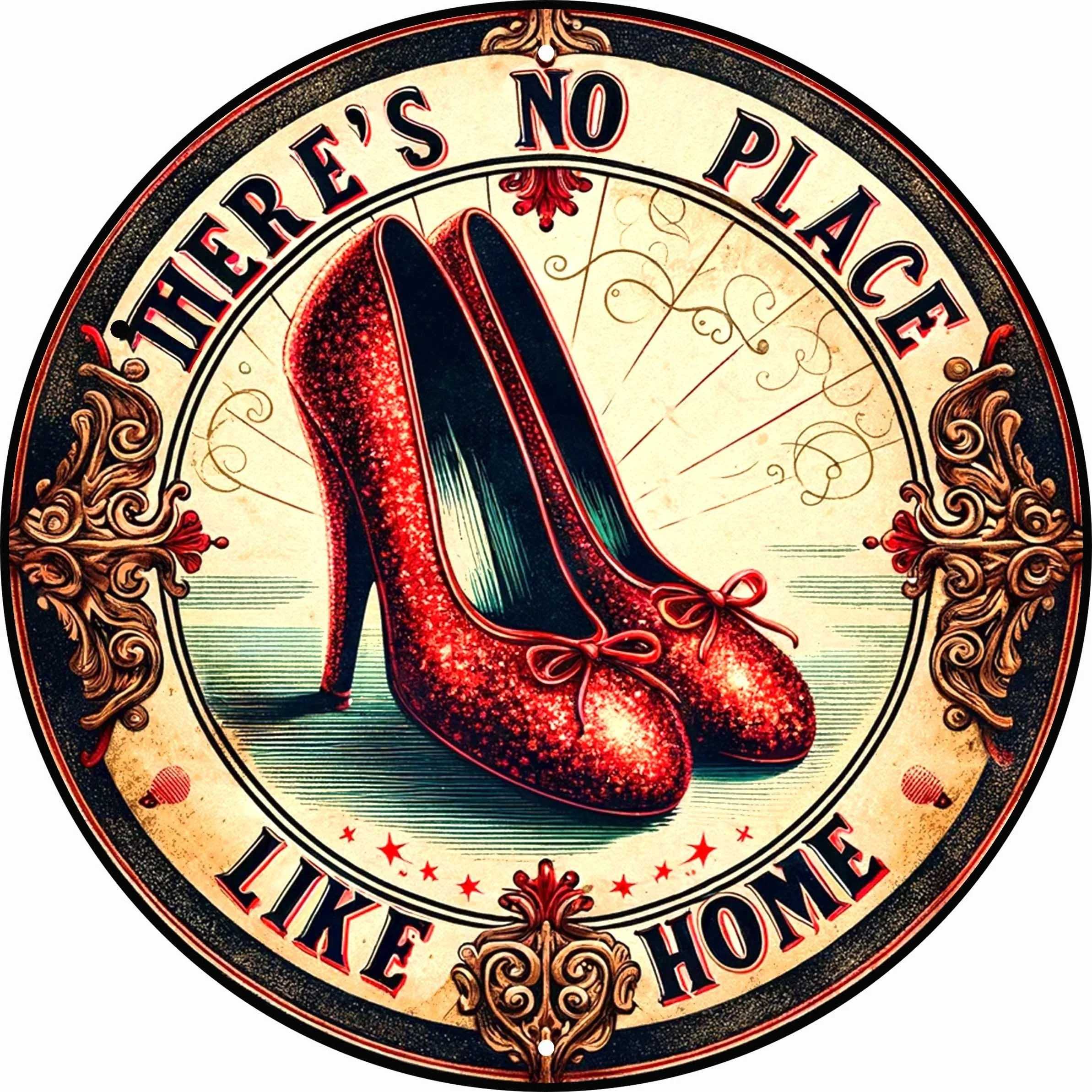 Vintage Style Metal Wall Art: 'There's No Place Like Home' Red High Heels Poster, 8x8 inches, Aluminium Decorative Sign