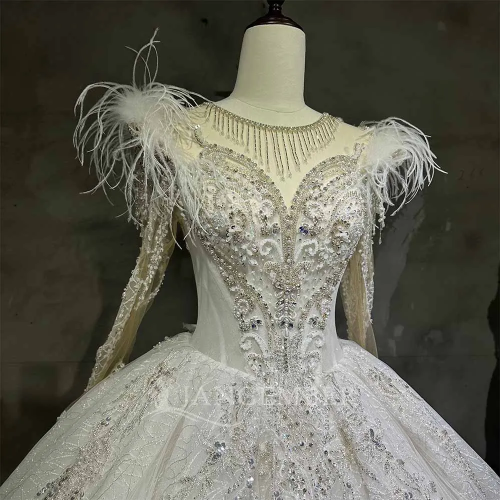 Suknia ślubna z organzy na zamówienie dla kobiet z piórami 2025 Nowa retro suknia balowa z długim rękawem dla panny młodej w dużych rozmiarach Vestido De Novia