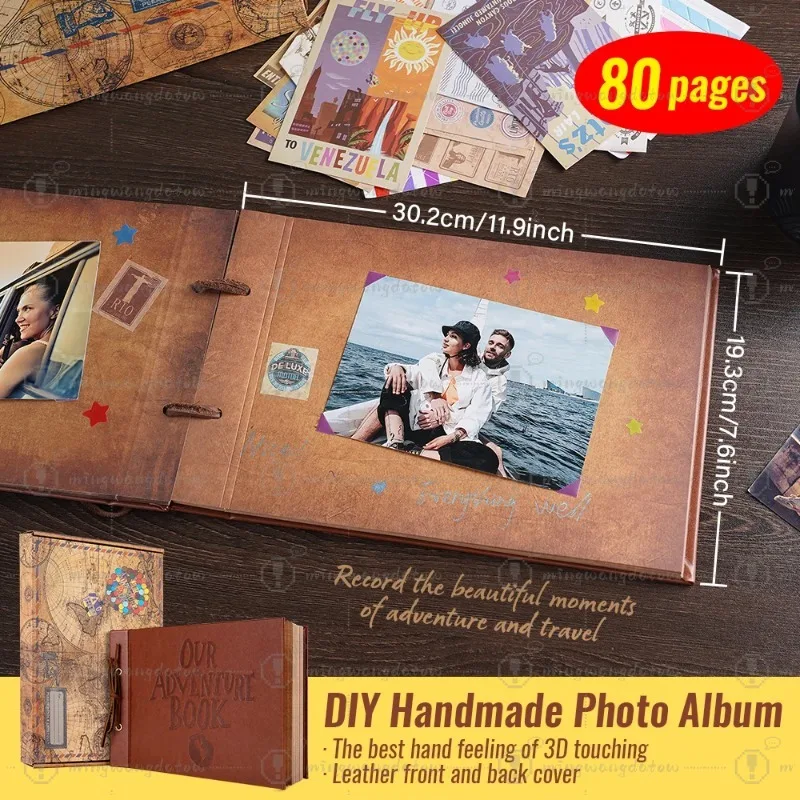 Our Adventure Book PU Leather Scrapbook 80 Pages Photo Album Memory Book with Gift Box Stickers for Travel Wedding Birthday Gift