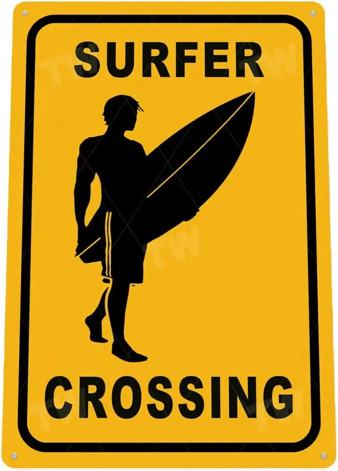 Tin Metal Wall Sign | Surfer Crossing 8 x 12 in. | Art Poster Plaque Decoration for Home Room Garage Man Cave | Surfing Traffic