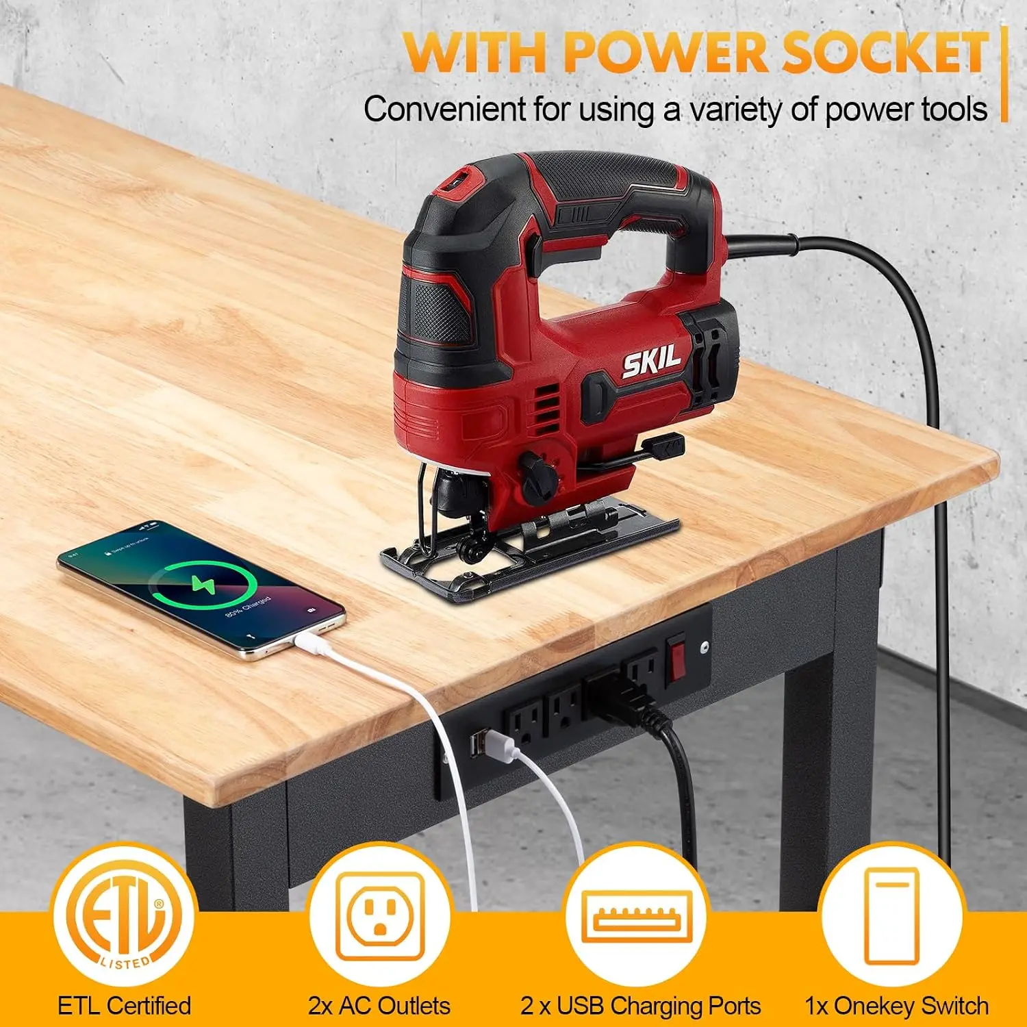 Adjustable Workbench Work Table Wheels Power Outlet 48 Inch