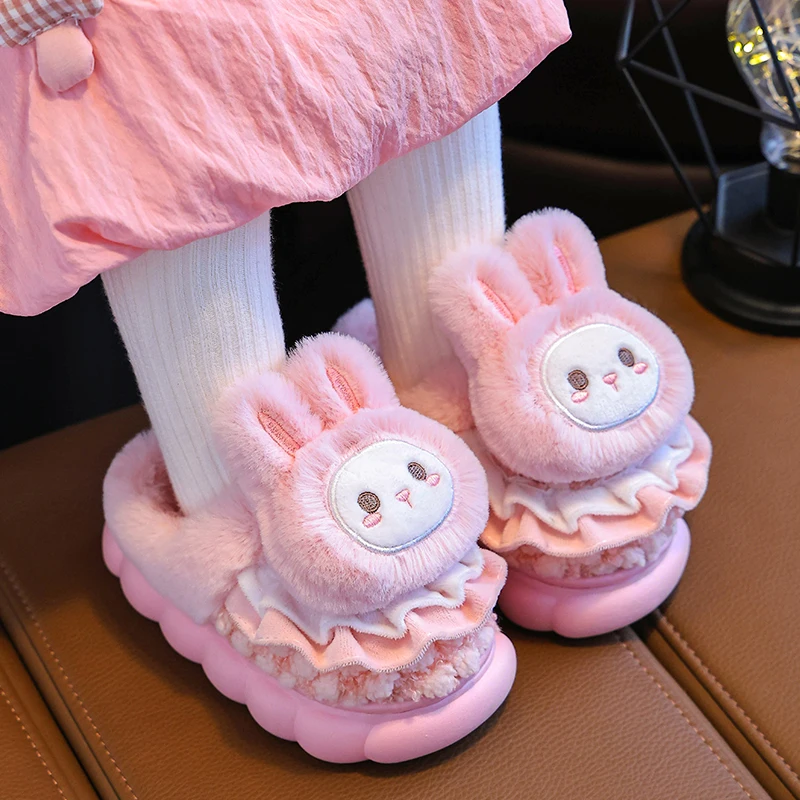 2024 New Winter Warm Cute Rabbit Indoor Closed-toe Mule Soft Non-slip Kids Fluffy Slippers For Girls Children Home Cotton Shoes