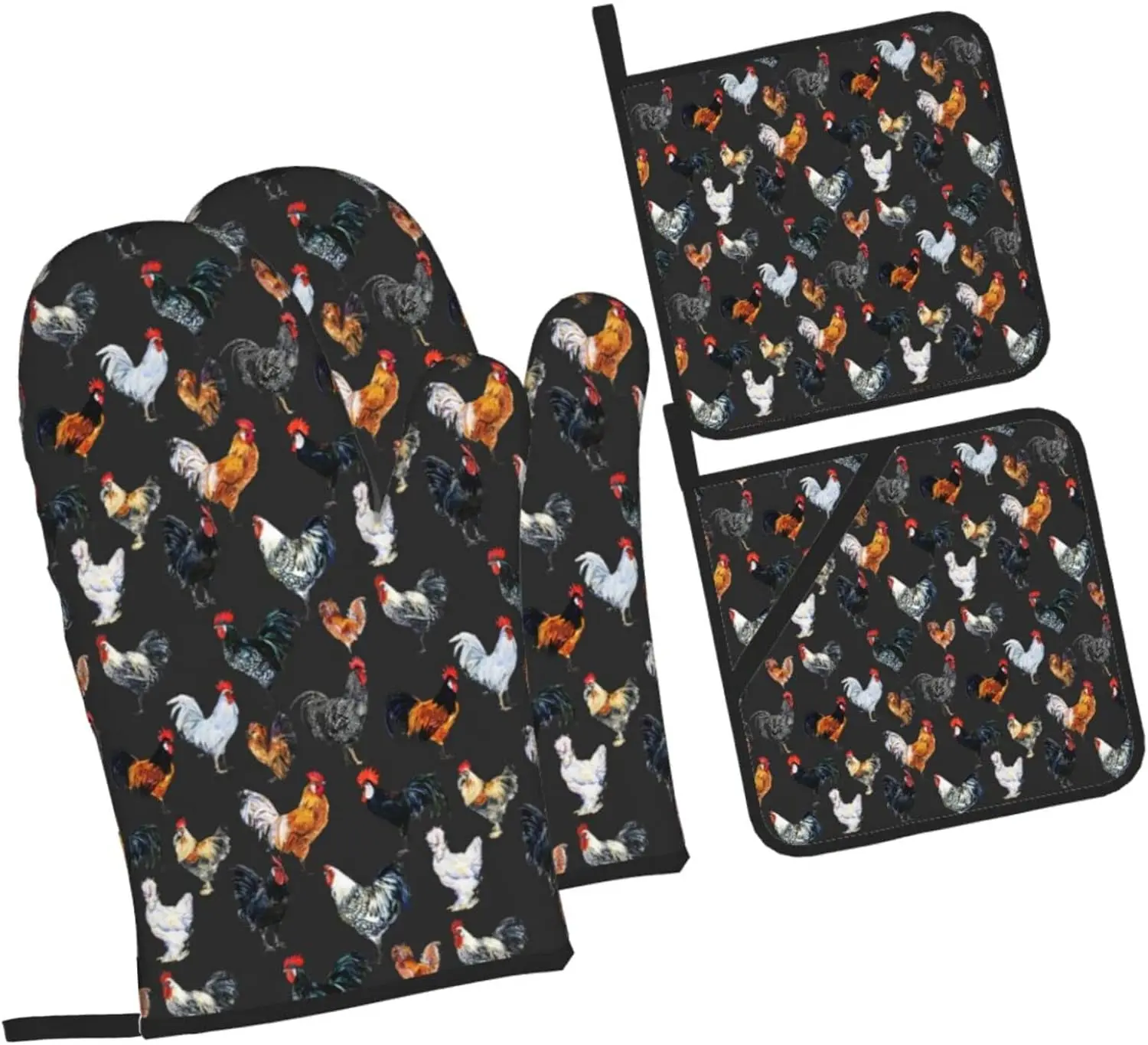 Chicken Oven Mitts and Pot Holders Sets of 4 Rooster Oven Gloves Set Cock Kitchen Mitts Heat Resistant Farmhouse Potholders