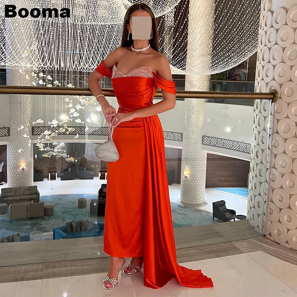 

Booma Orange Mermaid Evening Dresses Off Shoulder Beading Prom Gowns with Skirt Saudi Arabia Women's Formal Occasion Dresses