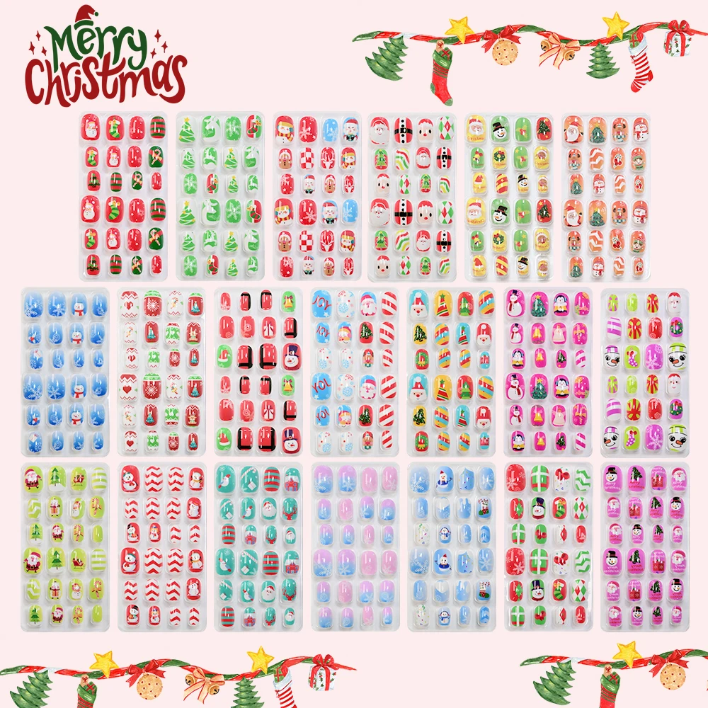 24pcs/Box Cartoon Christmas Series Press on Nails Nail Tips Santa Claus Snowman Fake Nail Tips Nail Art Decorations Grils Gifts