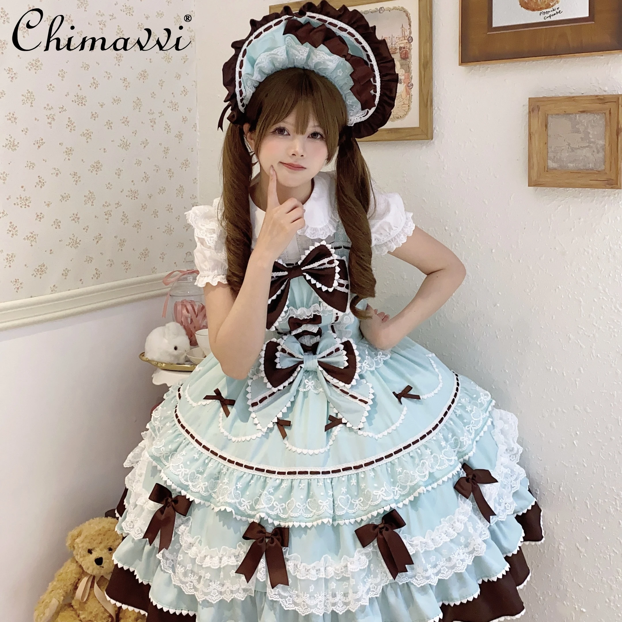 New 2025 Summer Original Sweet Lolita Jsk Dress Cute Bow Lace Stitching Kawaii Girls Women Elegant Slim Suspender Dresses - Image 4