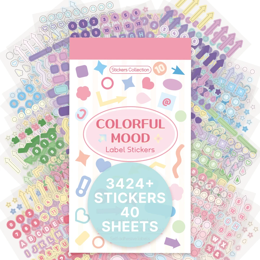 3424 Pcs Colorful Mood Label Stickers Geometry Fantasy Decals For Journaling DIY Crafts Notebooks Multi-element Decorative