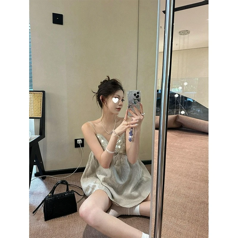 Korean Version Design Niche Sequin Splicing Suspender Pajamas Women's Summer New Large Size Vest Shorts Loungewear Set Comfort