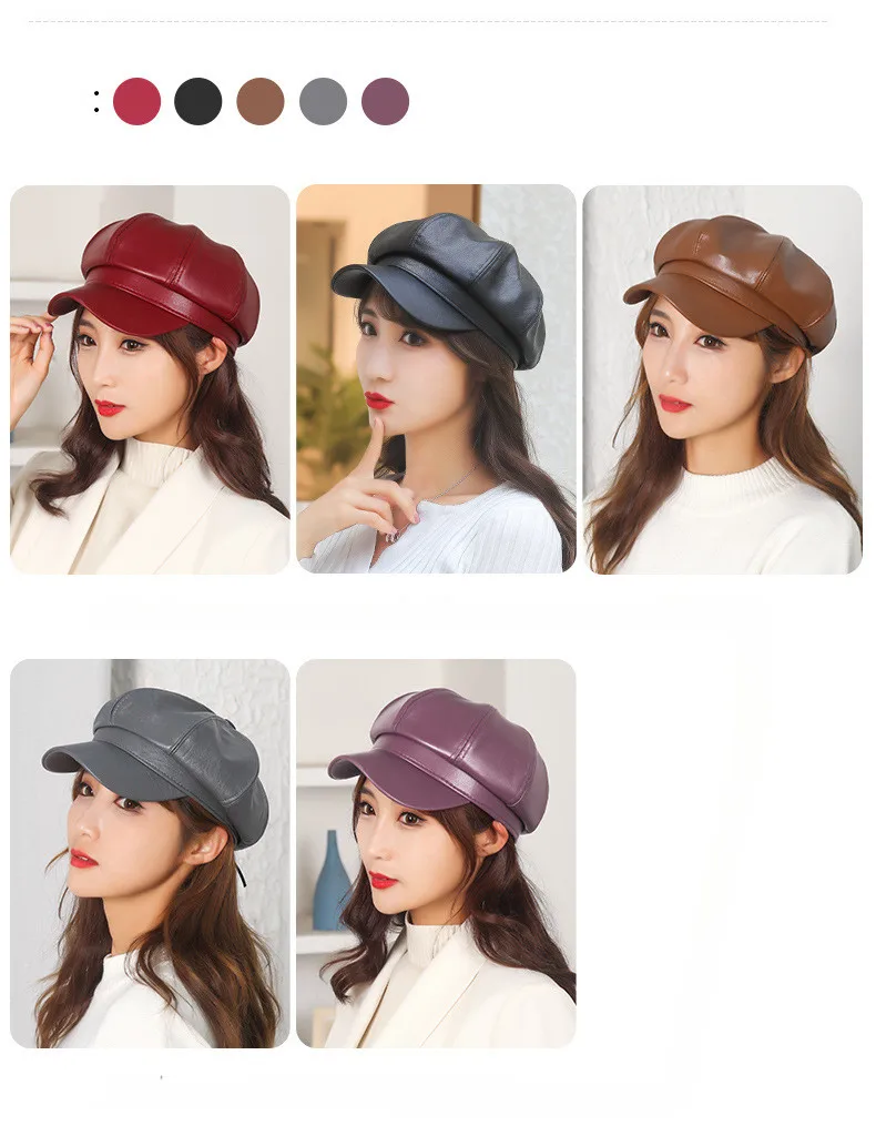 Neue Frauen PU Leder Berets Kappe Hut Schwarz Rot Außen Einstellbar Weibliche Herbst Winter Casual Dame Kappe Hut Für Frauen – Detail 4