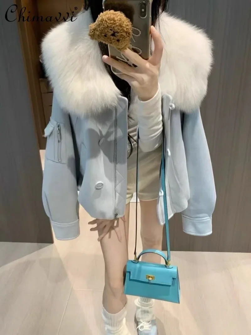 

2024 Winter New European High-quality Fox Fur Collar Suede White Duck Down Fur Down Fashionable and versatile Jacket For Women