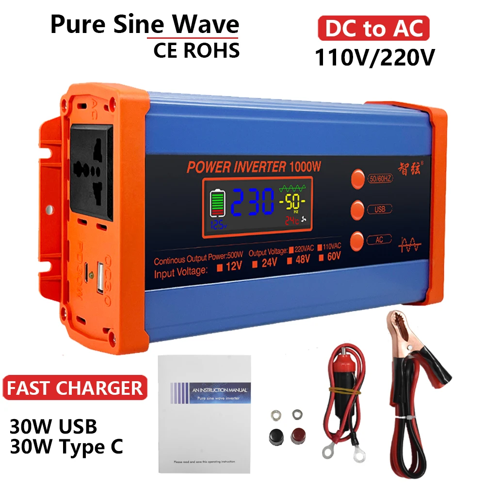 3000W 4000W Power inverter inversor de corriente 12v para 220V 1000W Pure sine wave Convertidor de frecuencia 220V pureza sinus