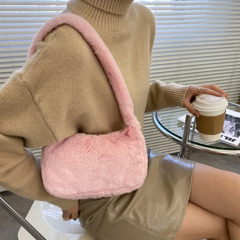 Simple Design Women Soft Plush Hobos Shoulder Bags Winter Furry Ladies Clutch Purse Handbag Fashion Female Underarm Bag