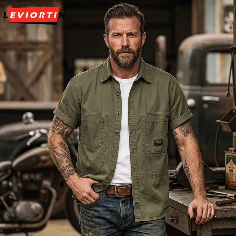 

Men's Short Sleeve Amekaji Workwear Shirt Summer Streetwear Cotton Solid Color Loose Fit Outdoor Rugged Safari Button Down Shirt