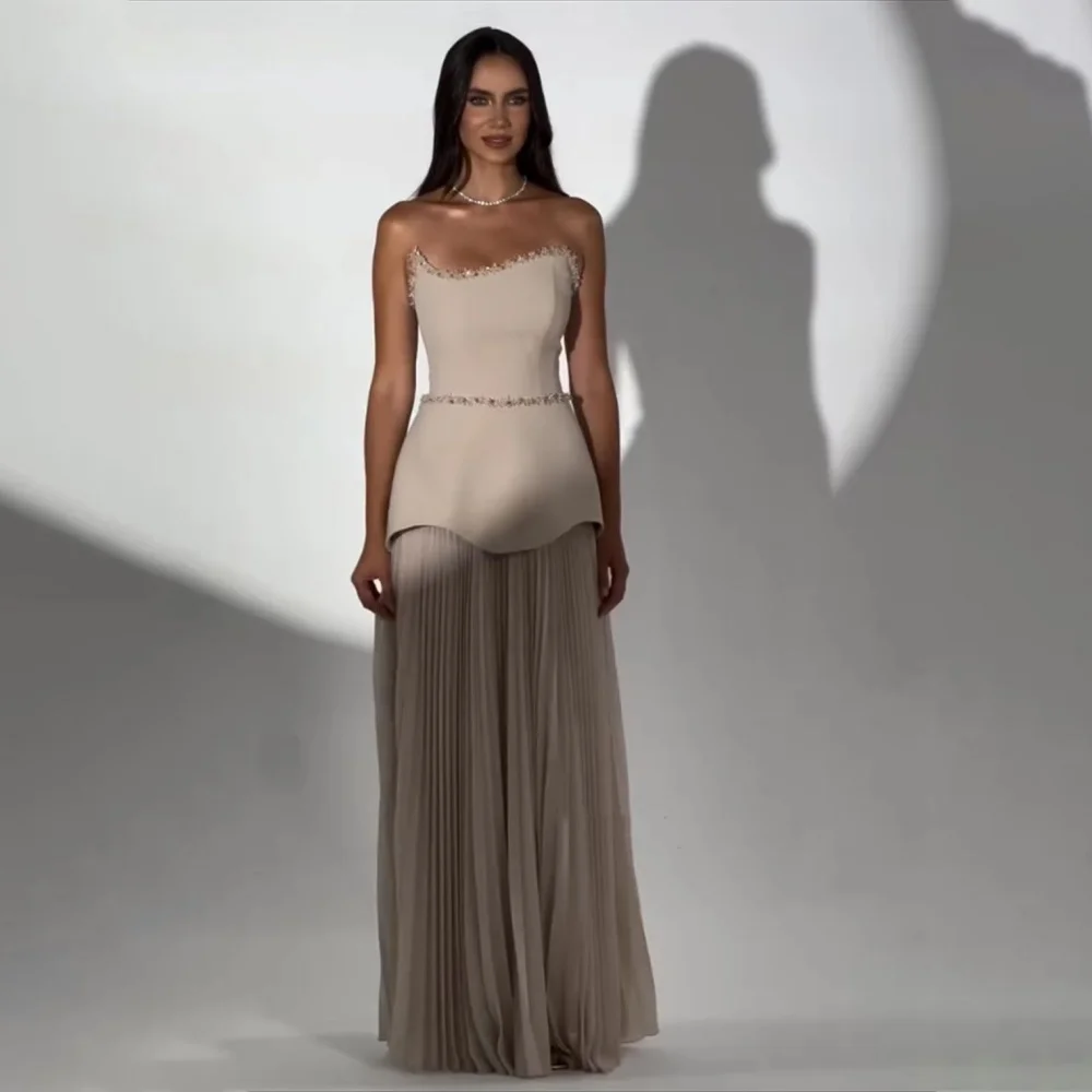 Customized Exquisite Sleeveless Evening Dress Charming Strapless Beading Prom Dress Elegant Ruffles Zipper Party Gown فساتي