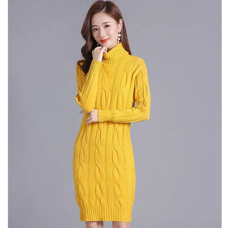 

Sweater Women's Turtleneck Pullover Mid-length Knitwear Korean Pure Color Trending Sweaters Dress Clothes Set Autumn Winter Tops