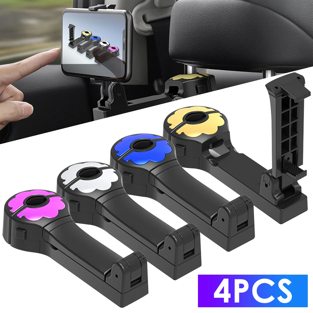 

4Pcs Car Headrest Hook 2 in 1 Car Back Seat Hanger 360° Rotating Vehicle Seat Headrest Hidden Phone Holder Stable Auto Headrest