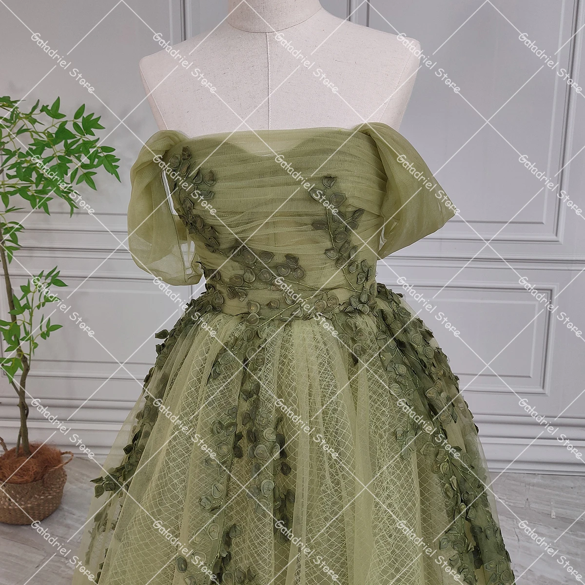 Vine Lace Off Shoulder Olive Green Evening Dresses Maxi Long Soft Tulle A Line Corset Closure Customized Prom Gowns with Boning