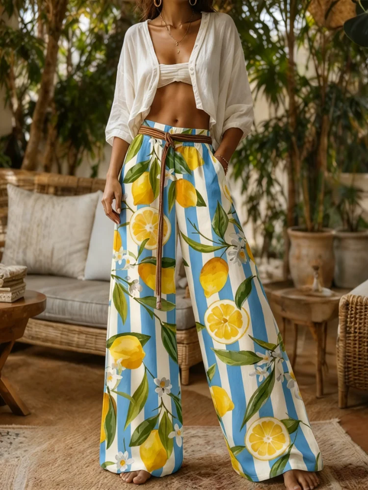 2026 New Style Women's Printed Wide Leg Pants, Blue and White Stripes, Lemon Flower Pattern, Drawstring High-Waisted Baroque Pants. Fast Shipping from the US Warehouse. Suitable for Summer Bohemian Beach Outdoor Vacation and Daily Casual Wear.