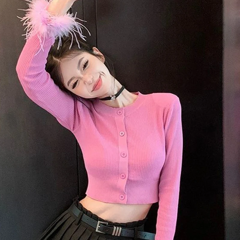 Autumn Winter Solid Color Slim Buttons Sweater Ladies Long Sleeve Feather Patchwork Knitting Top Women Sweet Bottomed Cardigans