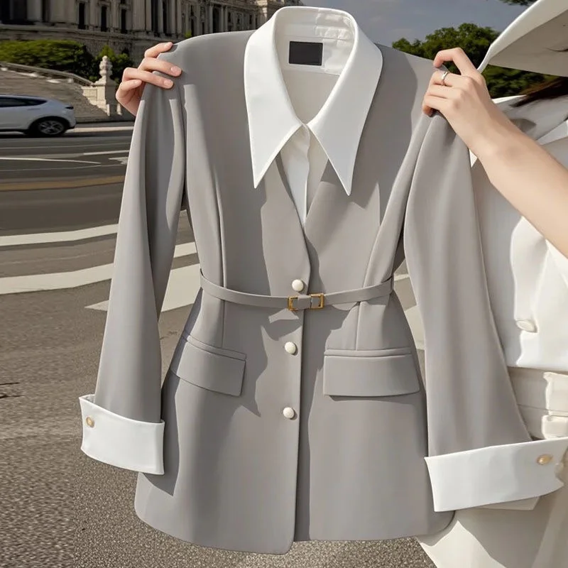 

Korean Popular Clothes Old Money Style Woman Black Blazer Lady Coat Cropped Blazers Trend New All-Match Notched Collar Crop