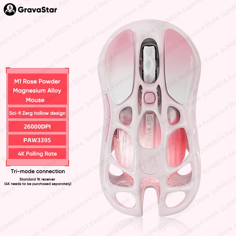 그라바스타 로즈 파우더 M1 무선 게이밍 마우스 마그네슘 합금 중공 PAW3395 BT 2.4G 유선 e스포츠 FPS 게이머 마우스 여성용 선물