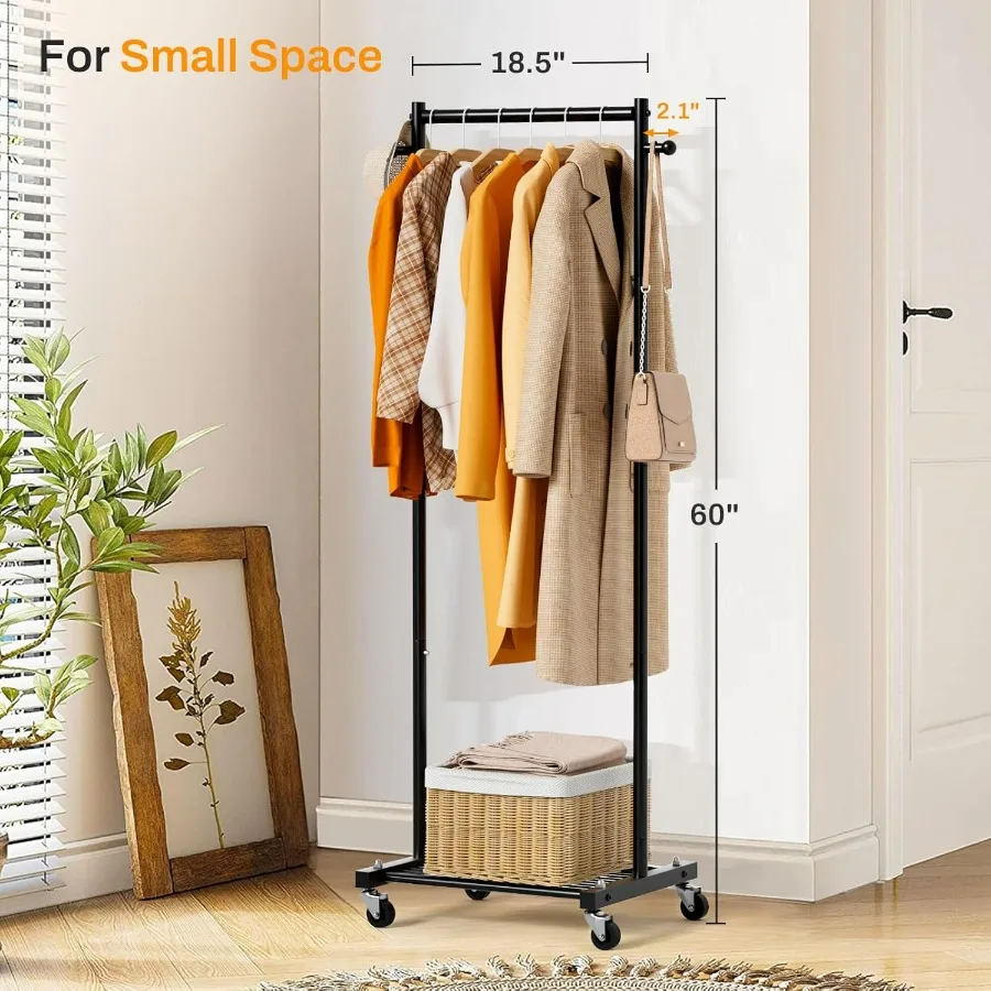 Portable Rolling Garment Rack with Wheels for Small Spaces: 60 Metal Clothing Rack with Shelves Ideal for Hanging Clothes Compa
