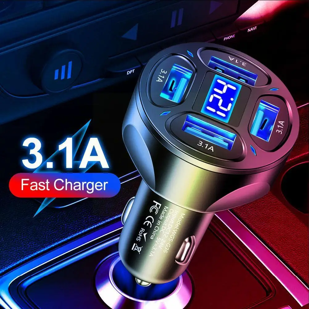 Car Charger 3.1a Four-in-one Digital Display Car Charger Multi-port Charger Adapter Car Four Towed Phone Mobile Charger H8z6