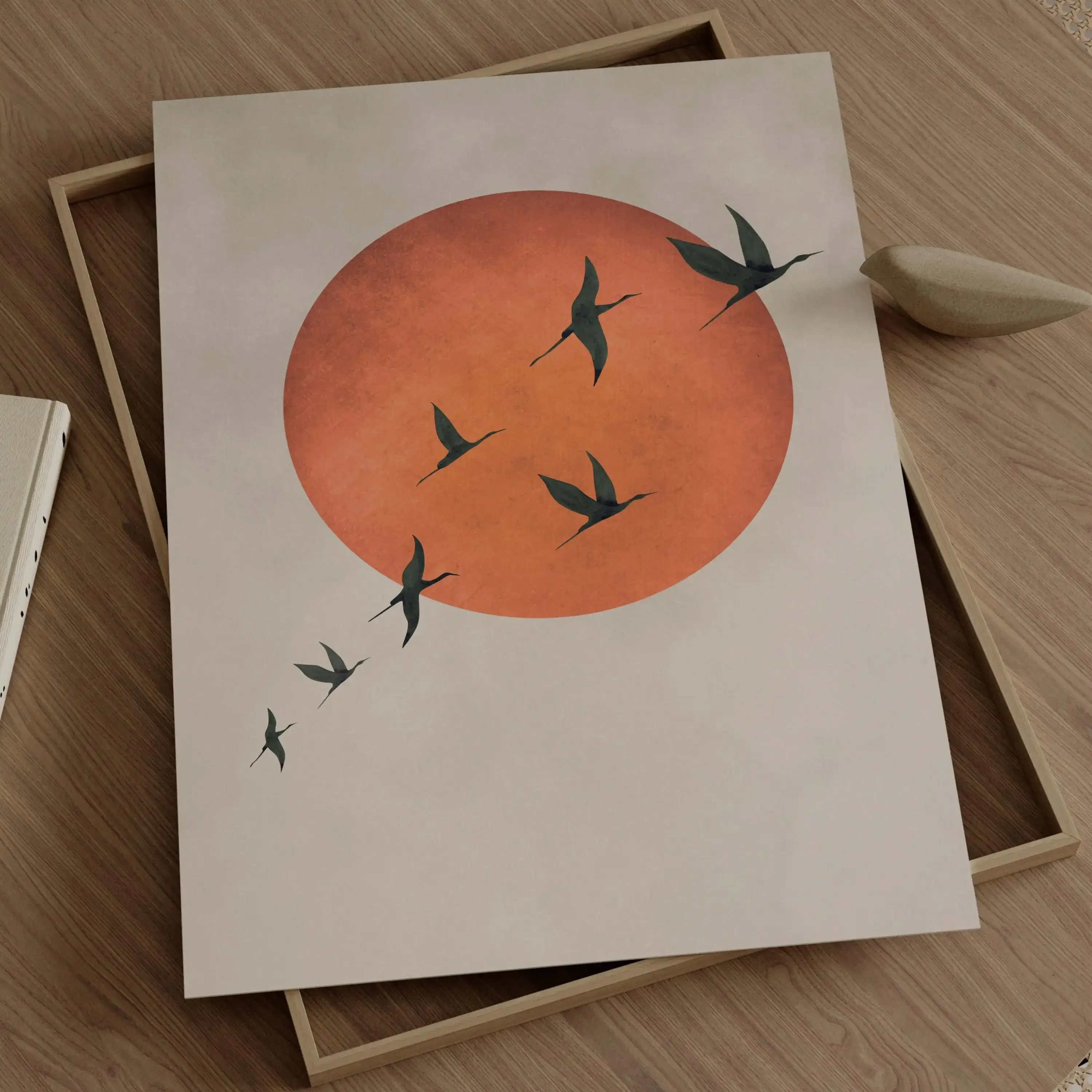 Multiple sizes 3pcs frameless Canvas Painting Orange Moon Flying Birds Wall Art,Set of 3 Prints,Bright Japandi Wall Art,Sky Art,