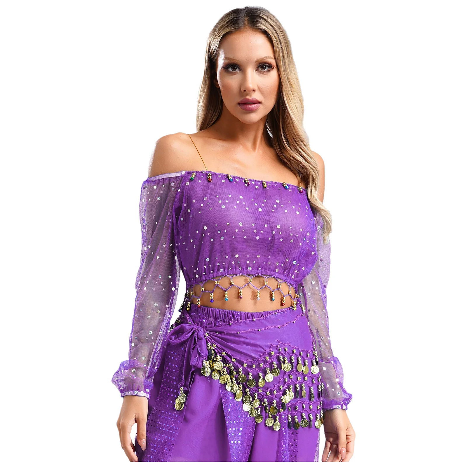 Womens Belly Dance Dress Costume Modern Jazz Tap Dance Skirt Sequined Mesh Crop Top Professional Dance Stage Competition Show