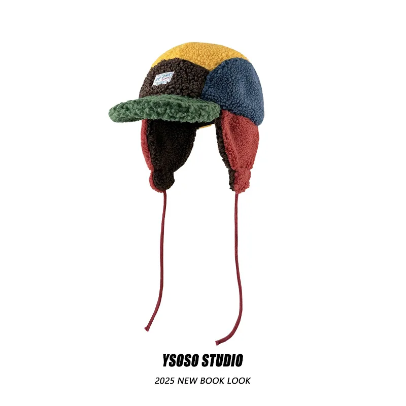 

Korean Version Fashion Color Matching Plush Bomber Hats for Women Winter Outdoor Skiing Windproof Warm Ear Protection Men's Cap