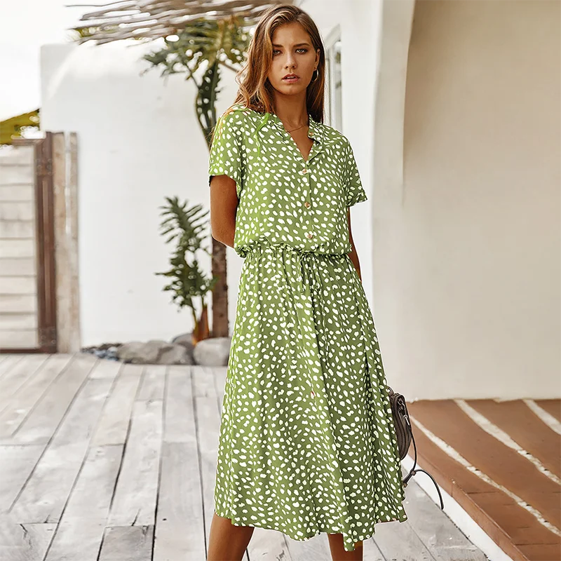 Kleid Frauen Sommer hemd Polka Dot Bohemian Print Kleid Bohemian mittellange hohe Taille Schal Urlaub Sommerkleid