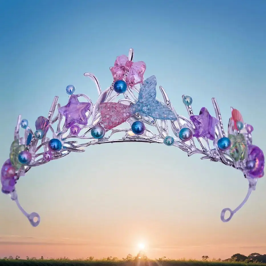 DIEZI Princess Ocean Style Fish Tail Shell Starfish Flower Tiara Crown Women Girls Elegant Hair Dress Party Accessories