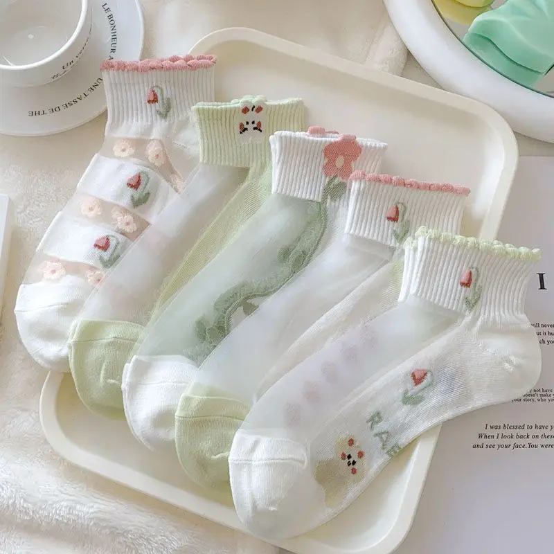 

5 pairs Spring summer new flower thin short socks cute lace cotton socks fashionable versatile women's socks