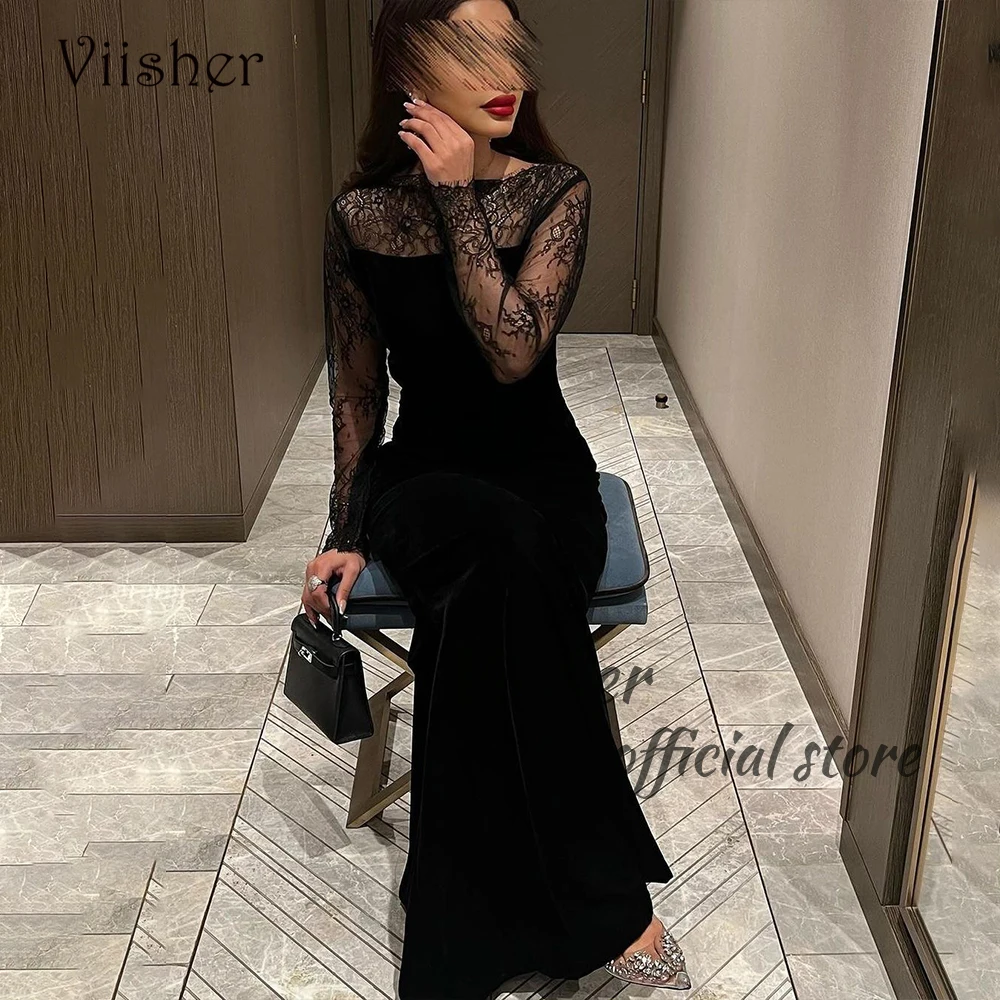 

Black Velvet Mermaid Evening Dresses Long Sleeve O Neck Formal Prom Dress Floor Length Arabian Dubai Evening Party Gowns