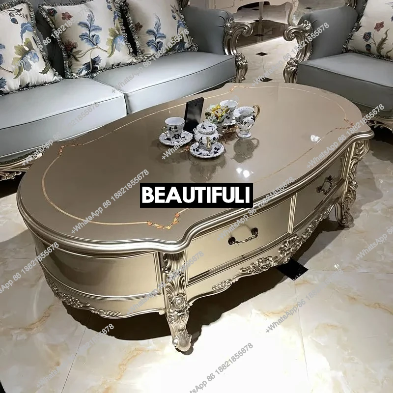 

European solid wood carving flower coffee table living room oval tea table champagne gold piano paint complete furniture