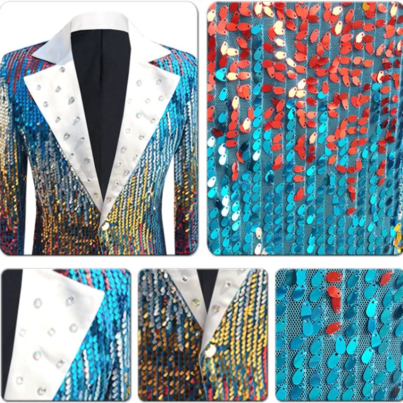 

2026 New Men's Shiny Sequin Blazer Jacket Colorful Gradient Glitter Stage Performance Suit for Singers DJs Hosts